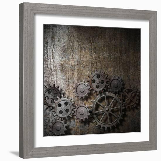 Metal Background With Rusty Gears And Cogs-Andrey_Kuzmin-Framed Art Print