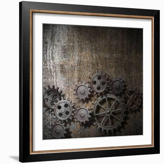 Metal Background With Rusty Gears And Cogs-Andrey_Kuzmin-Framed Art Print