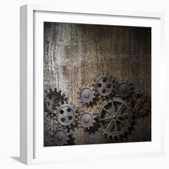 Metal Background With Rusty Gears And Cogs-Andrey_Kuzmin-Framed Art Print