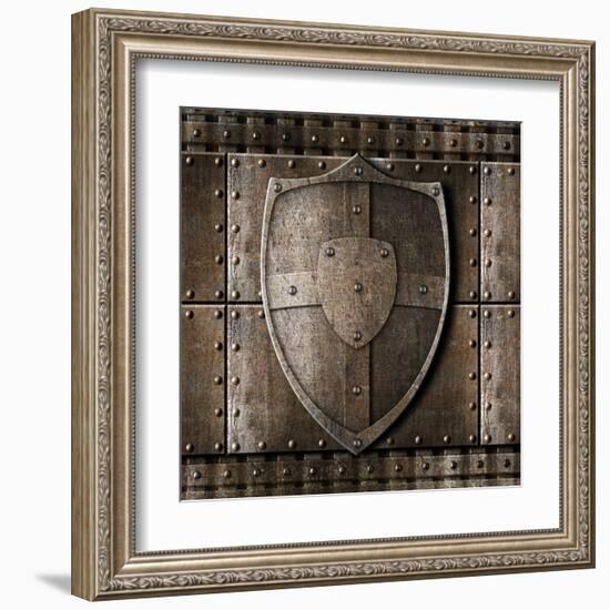 Metal Shield Over Armour Background With Rivets-Andrey_Kuzmin-Framed Art Print