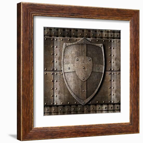 Metal Shield Over Armour Background With Rivets-Andrey_Kuzmin-Framed Art Print