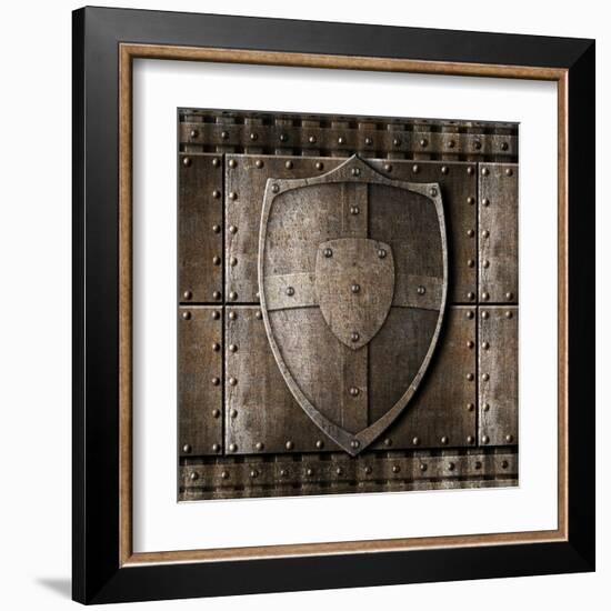 Metal Shield Over Armour Background With Rivets-Andrey_Kuzmin-Framed Art Print