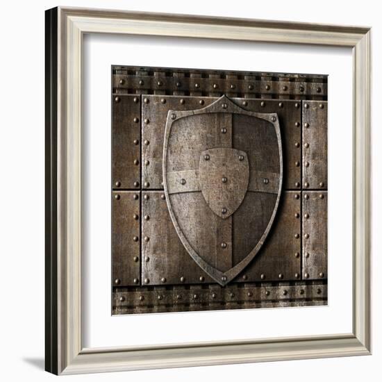 Metal Shield Over Armour Background With Rivets-Andrey_Kuzmin-Framed Art Print