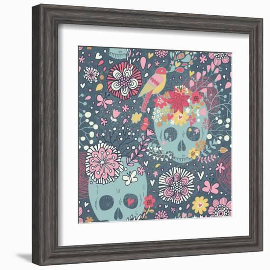 Mexican Concept Background with Flowers, Skulls and Birds-smilewithjul-Framed Art Print