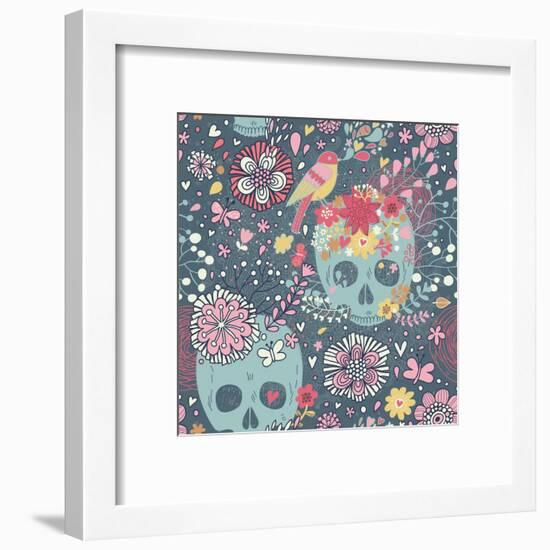 Mexican Concept Background with Flowers, Skulls and Birds-smilewithjul-Framed Art Print