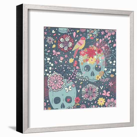 Mexican Concept Background with Flowers, Skulls and Birds-smilewithjul-Framed Art Print