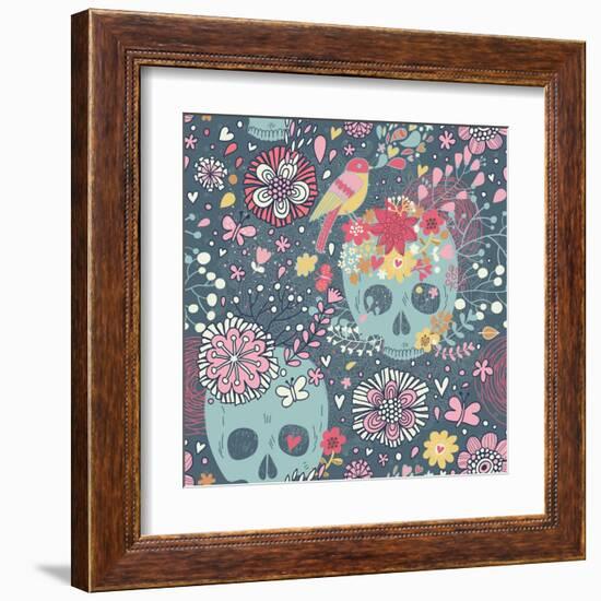 Mexican Concept Background with Flowers, Skulls and Birds-smilewithjul-Framed Art Print