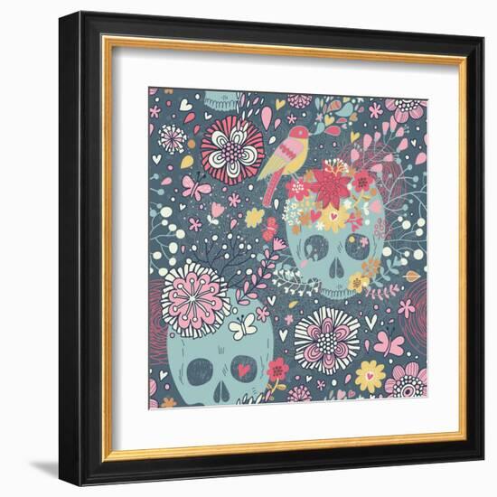 Mexican Concept Background with Flowers, Skulls and Birds-smilewithjul-Framed Art Print