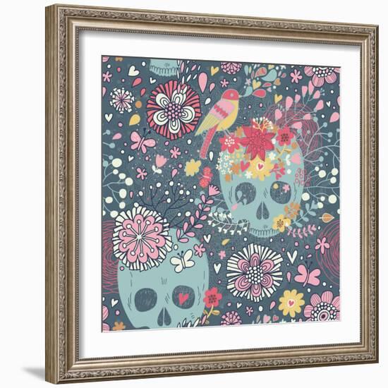 Mexican Concept Background with Flowers, Skulls and Birds-smilewithjul-Framed Art Print