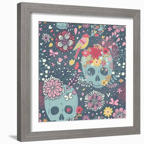 Mexican Concept Background with Flowers, Skulls and Birds-smilewithjul-Framed Art Print