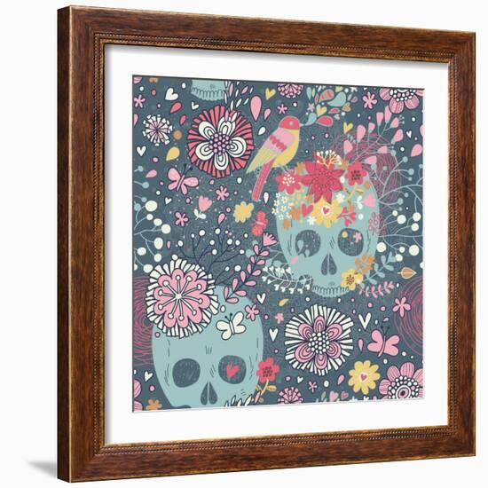 Mexican Concept Background with Flowers, Skulls and Birds-smilewithjul-Framed Art Print