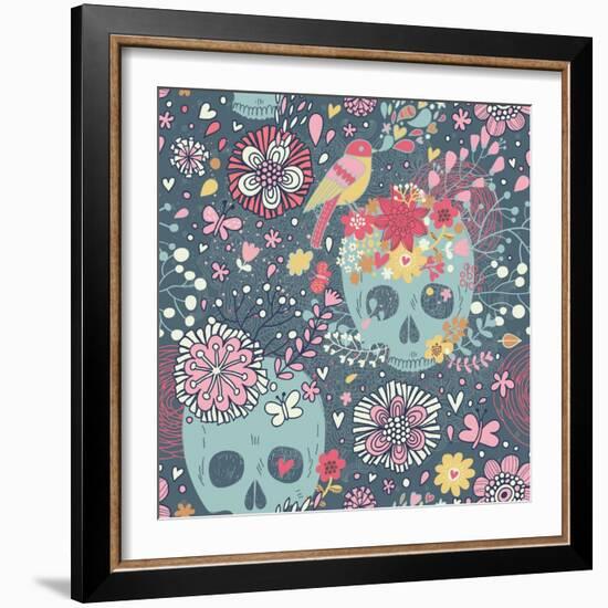 Mexican Concept Background with Flowers, Skulls and Birds-smilewithjul-Framed Art Print