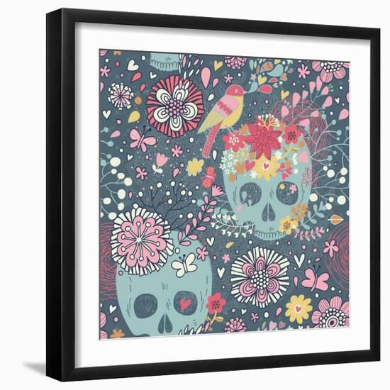 Mexican Concept Background with Flowers, Skulls and Birds-smilewithjul-Framed Art Print