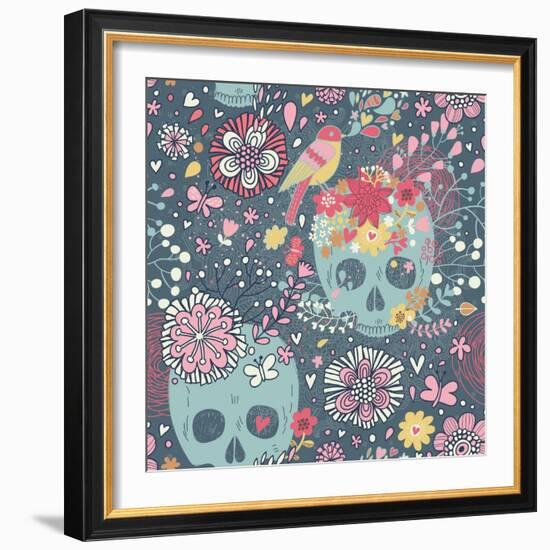 Mexican Concept Background with Flowers, Skulls and Birds-smilewithjul-Framed Art Print