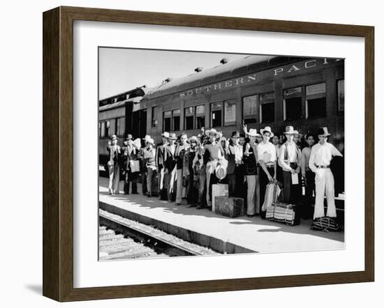 Mexican Farm Workers Boarding Train to Be Taken to Work on Us Farms-J^ R^ Eyerman-Framed Premium Photographic Print