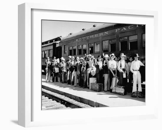 Mexican Farm Workers Boarding Train to Be Taken to Work on Us Farms-J^ R^ Eyerman-Framed Premium Photographic Print