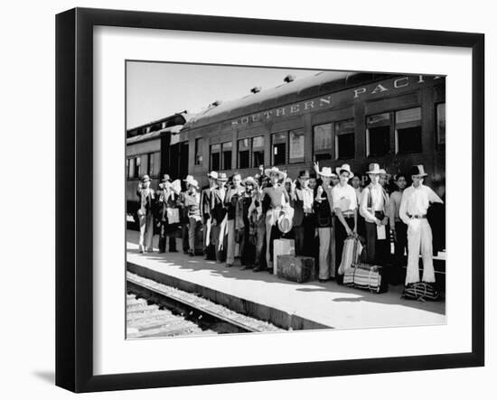 Mexican Farm Workers Boarding Train to Be Taken to Work on Us Farms-J^ R^ Eyerman-Framed Photographic Print