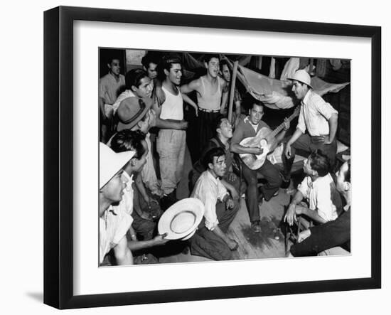 Mexican Farm Workers Singing in their Bunkhouse-null-Framed Premium Photographic Print