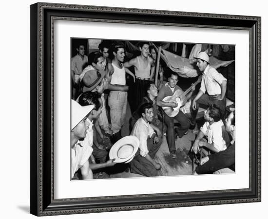 Mexican Farm Workers Singing in their Bunkhouse-null-Framed Premium Photographic Print