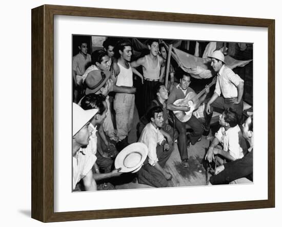 Mexican Farm Workers Singing in their Bunkhouse-null-Framed Photographic Print