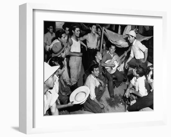 Mexican Farm Workers Singing in their Bunkhouse-null-Framed Photographic Print