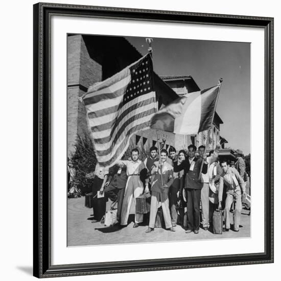 Mexican Farm Workers Waving American and Mexican Flags-J^ R^ Eyerman-Framed Premium Photographic Print