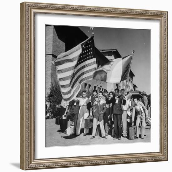 Mexican Farm Workers Waving American and Mexican Flags-J^ R^ Eyerman-Framed Photographic Print