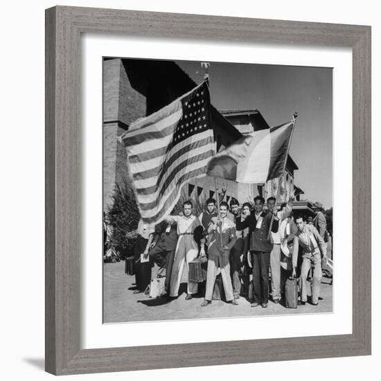 Mexican Farm Workers Waving American and Mexican Flags-J^ R^ Eyerman-Framed Photographic Print