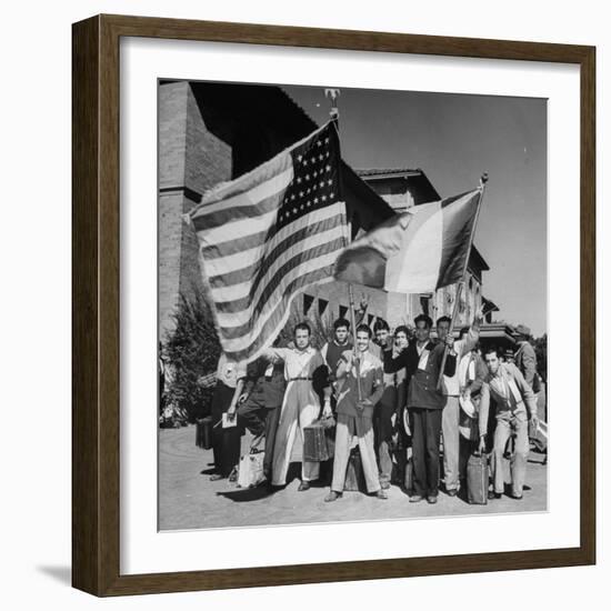 Mexican Farm Workers Waving American and Mexican Flags-J^ R^ Eyerman-Framed Photographic Print