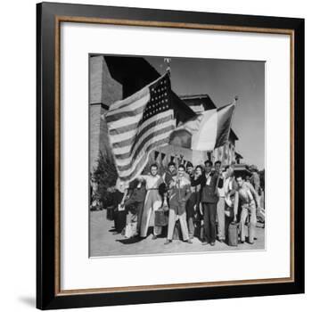 Mexican Farm Workers Waving American and Mexican Flags-J. R. Eyerman-Framed Photographic Print