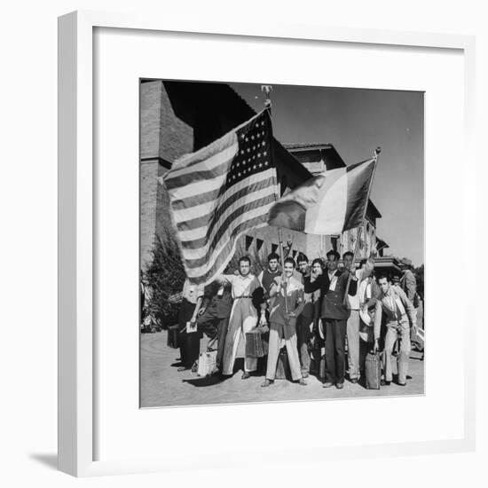 Mexican Farm Workers Waving American and Mexican Flags-J^ R^ Eyerman-Framed Photographic Print