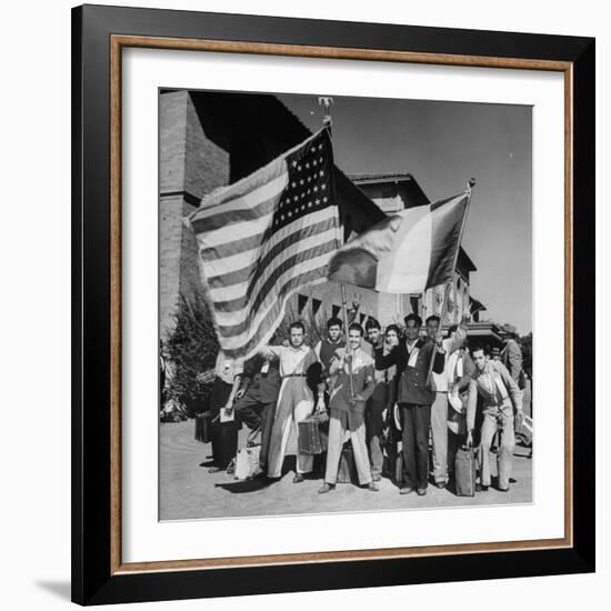 Mexican Farm Workers Waving American and Mexican Flags-J^ R^ Eyerman-Framed Photographic Print