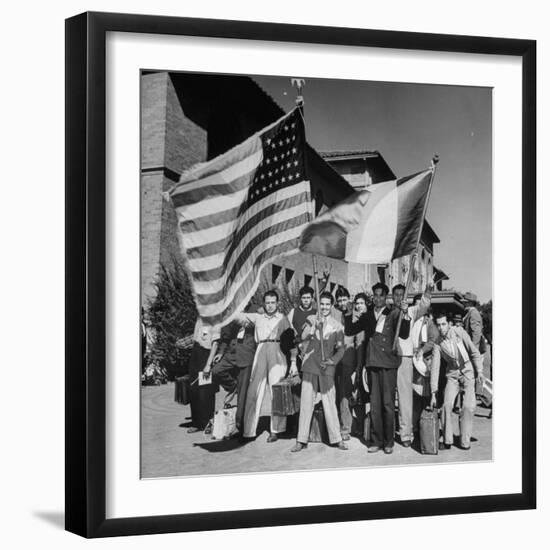 Mexican Farm Workers Waving American and Mexican Flags-J^ R^ Eyerman-Framed Photographic Print