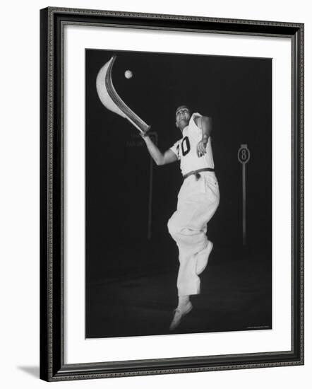 Mexican Jai Alai Player Segundo Jumping to Reach Pelota in Game at Hippodrome-Gjon Mili-Framed Premium Photographic Print