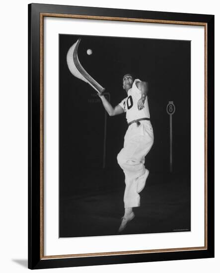 Mexican Jai Alai Player Segundo Jumping to Reach Pelota in Game at Hippodrome-Gjon Mili-Framed Premium Photographic Print