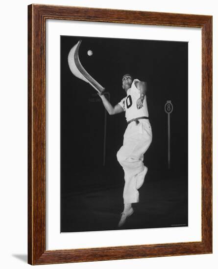 Mexican Jai Alai Player Segundo Jumping to Reach Pelota in Game at Hippodrome-Gjon Mili-Framed Premium Photographic Print