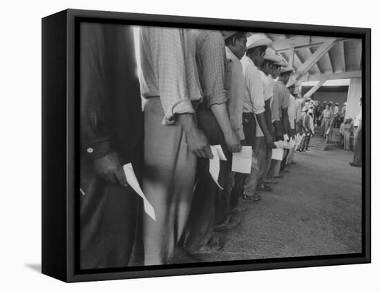 Mexican Migrant Farm Workers Lined Up for Job Interviews and to Sign Contracts at Reception Center-null-Framed Premier Image Canvas