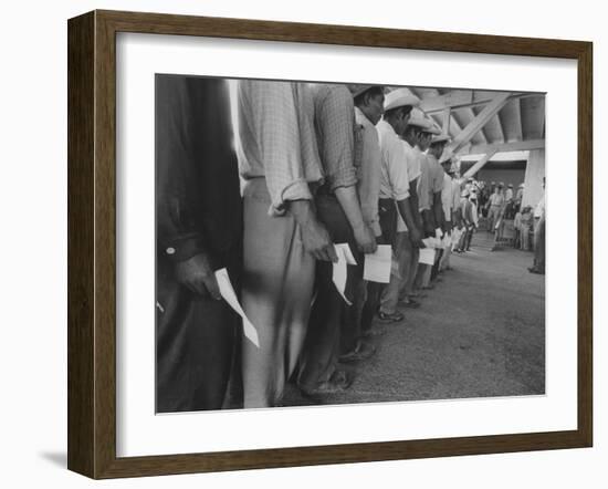 Mexican Migrant Farm Workers Lined Up for Job Interviews and to Sign Contracts at Reception Center-null-Framed Photographic Print