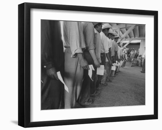 Mexican Migrant Farm Workers Lined Up for Job Interviews and to Sign Contracts at Reception Center-null-Framed Photographic Print