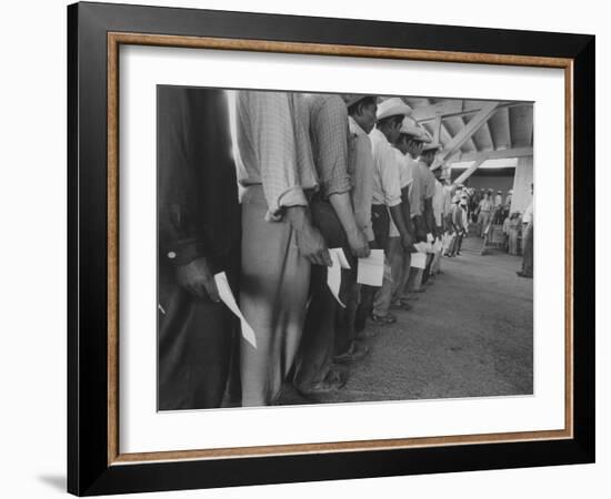 Mexican Migrant Farm Workers Lined Up for Job Interviews and to Sign Contracts at Reception Center-null-Framed Photographic Print