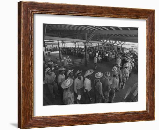 Mexican Migrant Farm Workers Lined Up for Work Interviews and to Sign Job Contracts-null-Framed Photographic Print