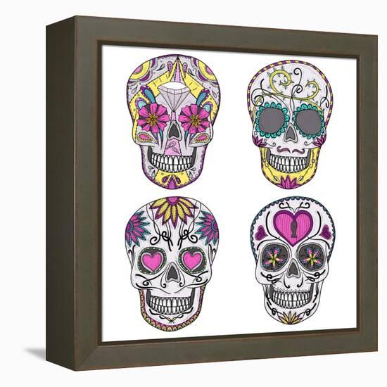 Mexican Skull Set. Colorful Skulls With Flower And Heart Ornamens. Sugar Skulls-cherry blossom girl-Framed Stretched Canvas