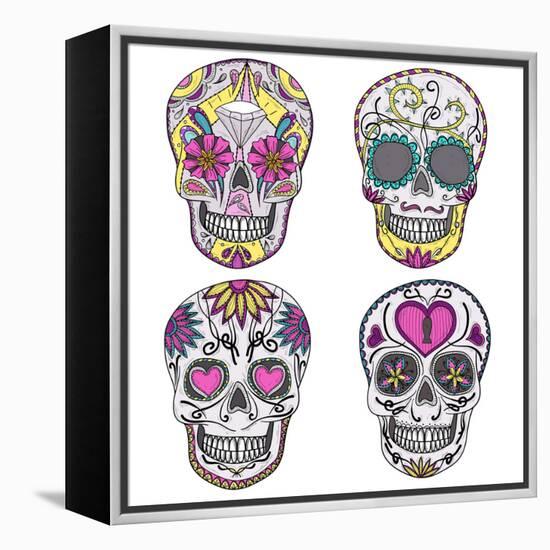 Mexican Skull Set. Colorful Skulls With Flower And Heart Ornamens. Sugar Skulls-cherry blossom girl-Framed Stretched Canvas