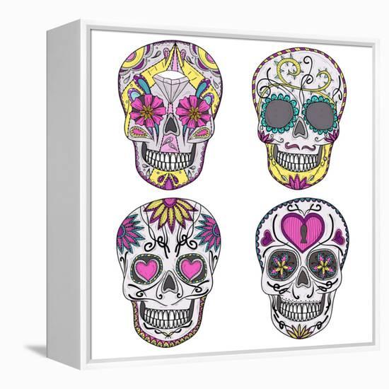 Mexican Skull Set. Colorful Skulls With Flower And Heart Ornamens. Sugar Skulls-cherry blossom girl-Framed Stretched Canvas