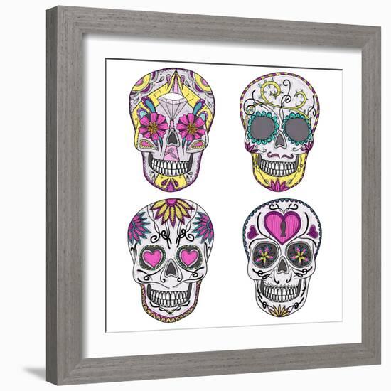 Mexican Skull Set. Colorful Skulls With Flower And Heart Ornamens. Sugar Skulls-cherry blossom girl-Framed Premium Giclee Print