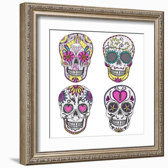 Mexican Skull Set. Colorful Skulls With Flower And Heart Ornamens. Sugar Skulls-cherry blossom girl-Framed Art Print