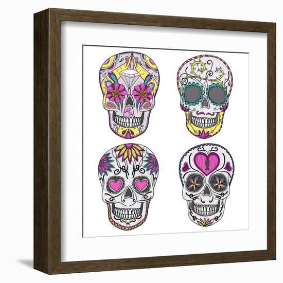 Mexican Skull Set. Colorful Skulls With Flower And Heart Ornamens. Sugar Skulls-cherry blossom girl-Framed Art Print