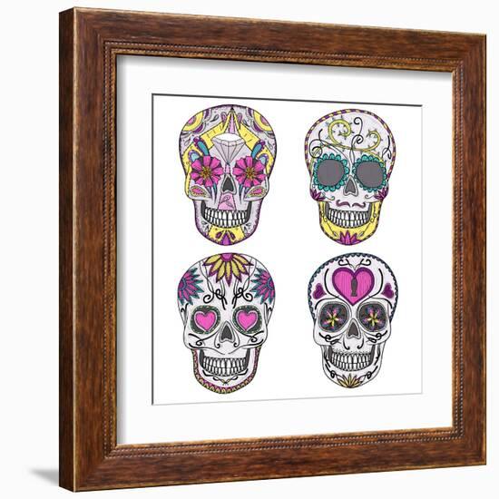 Mexican Skull Set. Colorful Skulls With Flower And Heart Ornamens. Sugar Skulls-cherry blossom girl-Framed Art Print