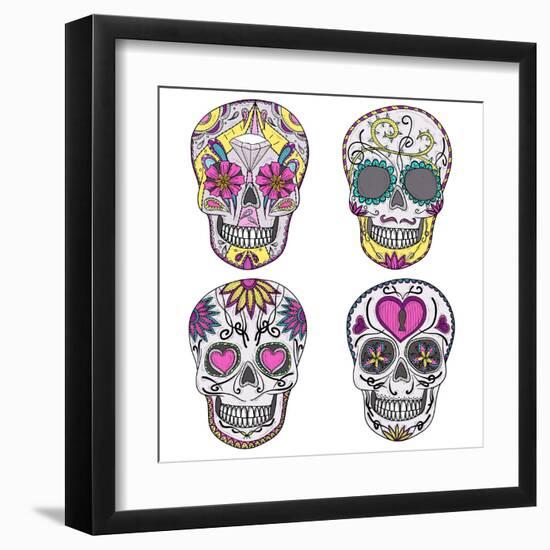 Mexican Skull Set. Colorful Skulls With Flower And Heart Ornamens. Sugar Skulls-cherry blossom girl-Framed Art Print