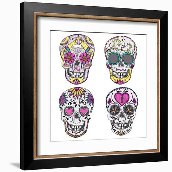 Mexican Skull Set. Colorful Skulls With Flower And Heart Ornamens. Sugar Skulls-cherry blossom girl-Framed Art Print